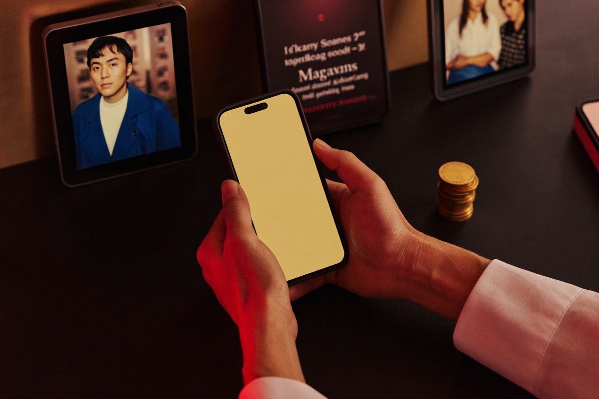 A hand holding a phone at the cashier window of a casino floor, the transfer screen finished, the cashier nodding back through the glass